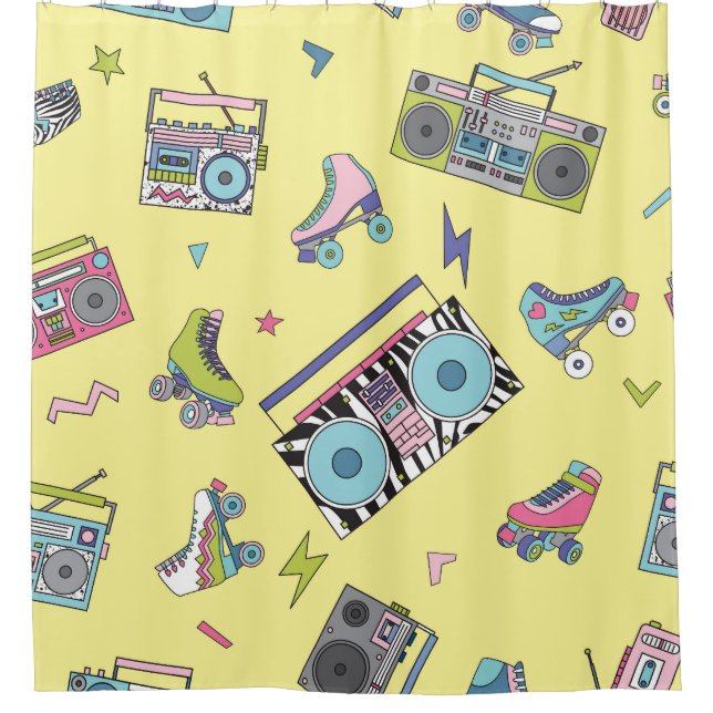 Vintage cassette, roller skates: retro shower curtain (Front)