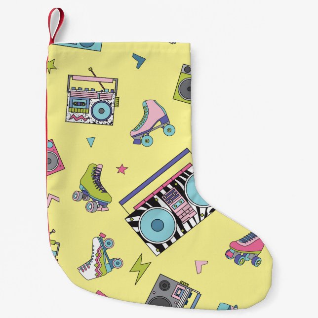 Vintage cassette, roller skates: retro small christmas stocking (Front)