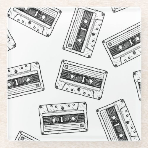 Vintage Cassettes Engraved White Pattern Glass Coaster