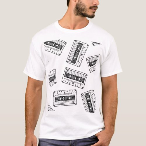 Vintage Cassettes Engraved White Pattern T_Shirt