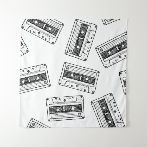 Vintage Cassettes Engraved White Pattern Tapestry