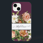 Vintage Cassis Pink n White Floral Stylish Flowers Case-Mate iPhone 14 Case<br><div class="desc">Elegant vintage white wild roses,  blush pink antique roses and Pink with burgundy peonies surround a white text box that frames your name in calligraphy with scroll flourishes over a Cassis purple background.  Graphic design by internationally known artist and designer,  Audrey Jeanne Roberts,  copyright.</div>