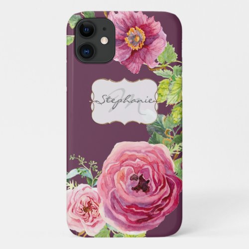 Vintage Cassis Pink Peony Rose Floral Watercolor iPhone 11 Case