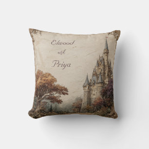 Vintage Castle Autumn Oak Tree Romantic Wedding Throw Pillow