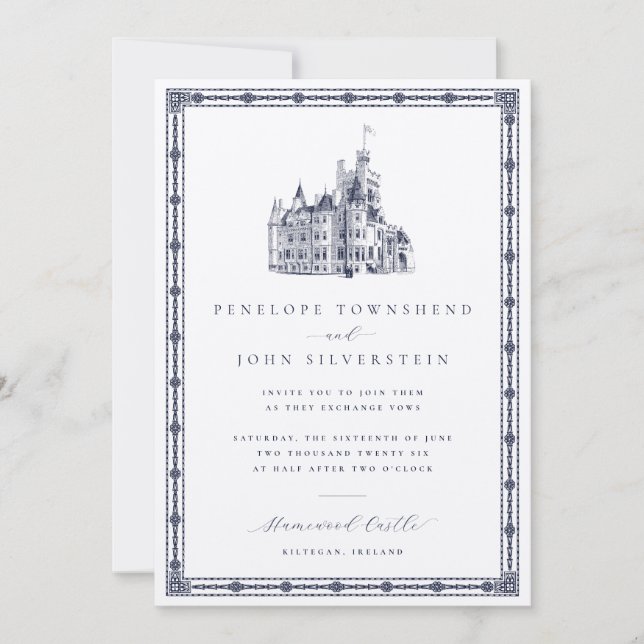 Vintage Castle Illustration Border Silver Wedding Invitation (Front)