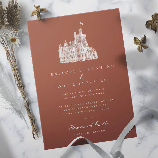 Vintage Castle Illustration Burnt Orange Wedding Invitation | Zazzle