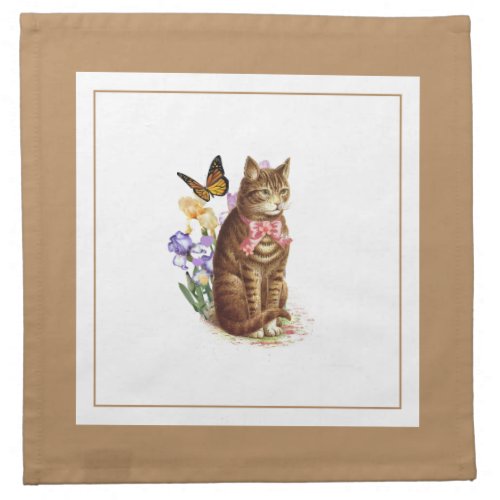 Vintage Cat and Butterfly Tan and White  Cloth Napkin