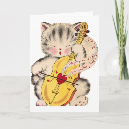 Vintage Cat and Cello Valentine Holiday Card