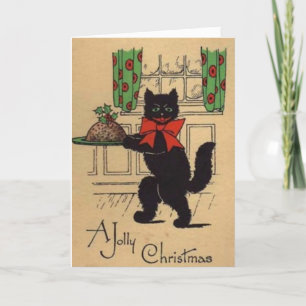 Vintage - Cat and Christmas Pudding, Holiday Card