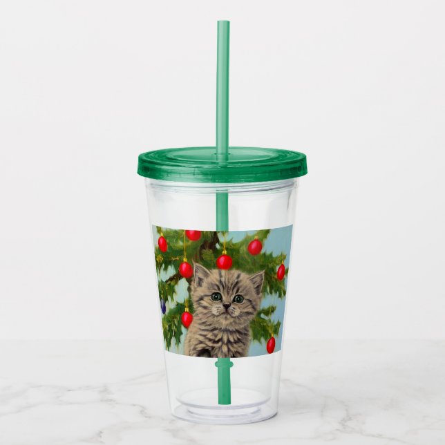 Vintage Cat and Christmas Tree Acrylic Tumbler (Front)