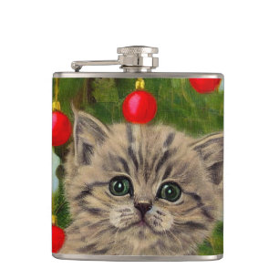 Vintage Cat and Christmas Tree Flask