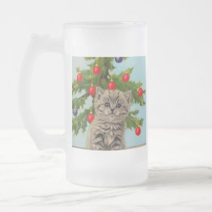 Vintage Cat and Christmas Tree Frosted Glass Beer Mug