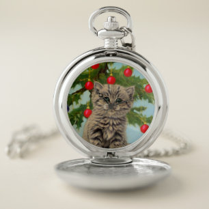 Vintage Cat and Christmas Tree Pocket Watch
