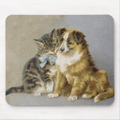 Vintage cat and dog intimate friendship  mouse pad