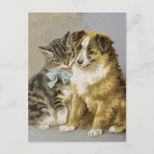 Vintage cat and dog intimate friendship  postcard