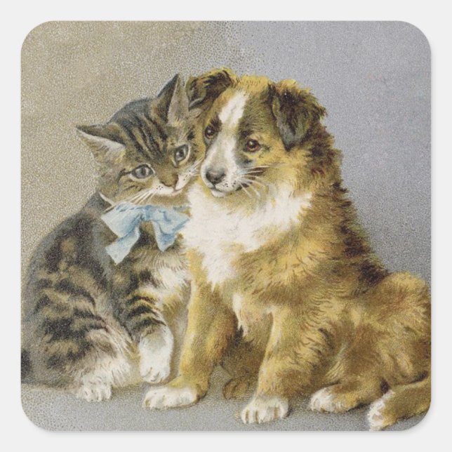 Vintage cat and dog intimate friendship square sticker (Front)