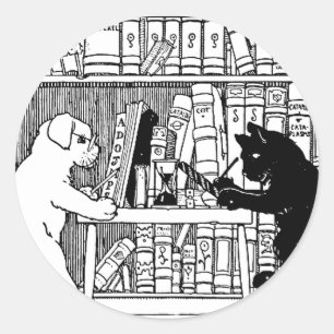 Vintage Cat and Dog Library Bookish Literary  Classic Round Sticker