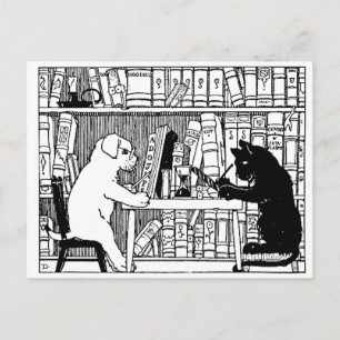 Vintage Cat and Dog Library Bookish Literary Postcard