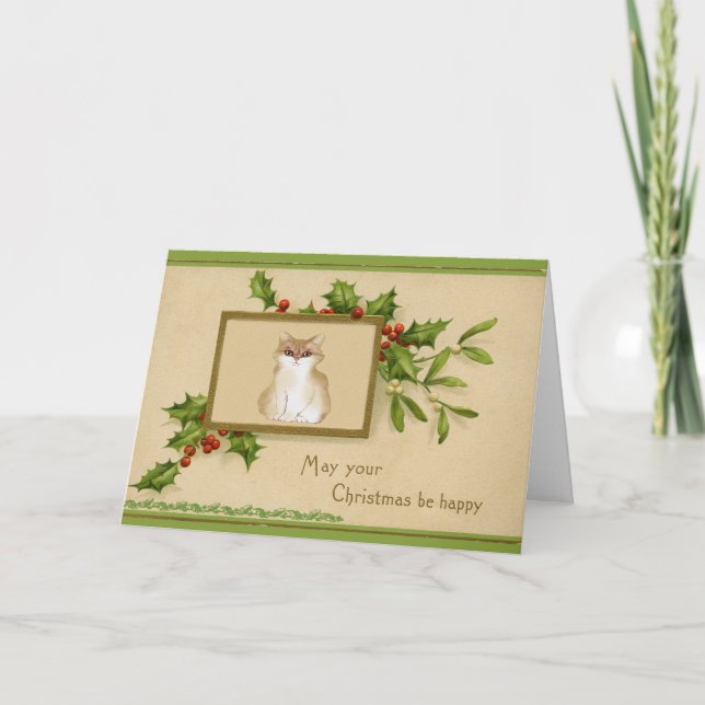 Vintage Cat and Holly Christmas Card (Front)