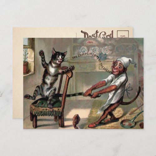 Vintage Cat and Monkey Christmas Postcard 