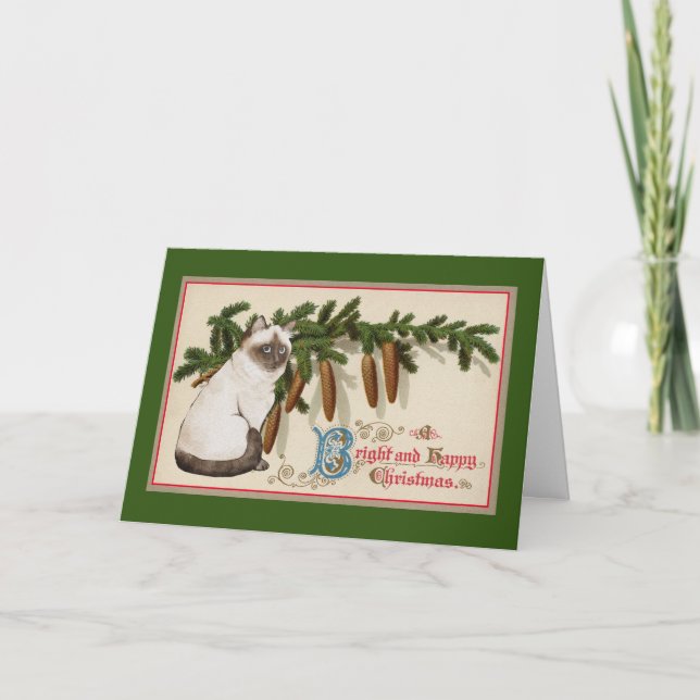 Vintage Cat and Pines Christmas Card (Front)