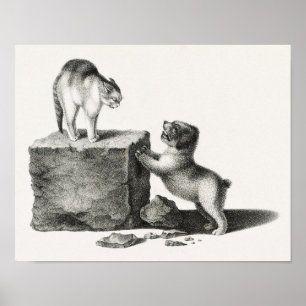 Vintage Cat and Pup Illustration Poster