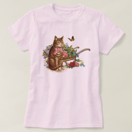 Vintage Cat and Roses Pink T-Shirt