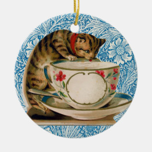 Vintage Cat And Tea Cup, Victorian Retro Ceramic Ornament