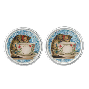 Vintage Cat And Tea Cup, Victorian Retro Cufflinks