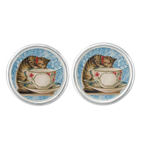 Vintage Cat And Tea Cup Victorian Retro  Cufflinks