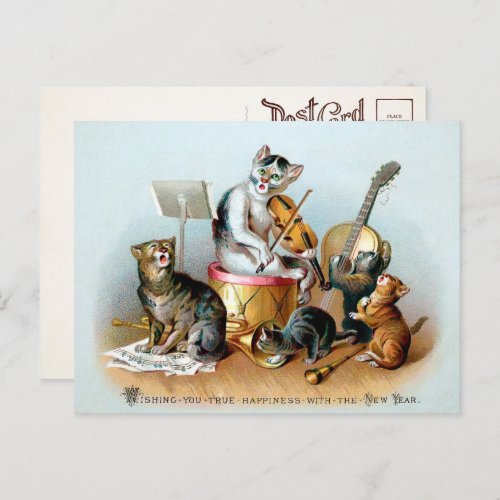 Vintage Cat Band New Year Postcard