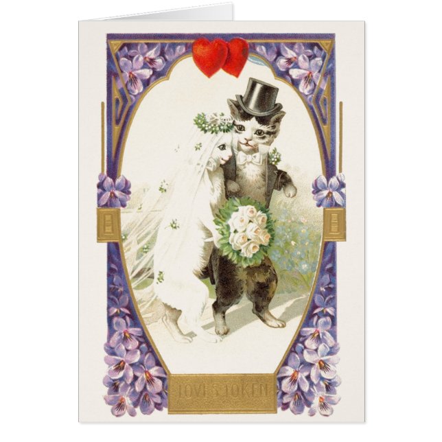 Vintage Cat Bride and Groom Wedding Card (Front)
