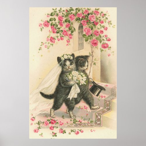 Vintage Cat Bride And Groom Wedding Poster