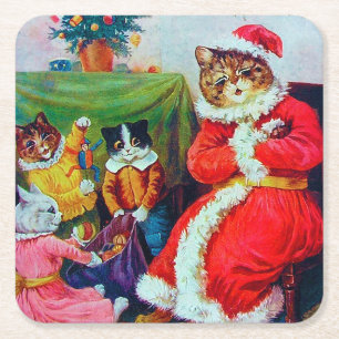 Vintage Cat Christmas, Louis Wain Square Paper Coaster