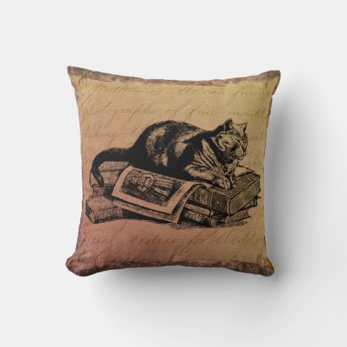 Vintage Cat Collage Cat  Books Grunge Background Throw Pillow