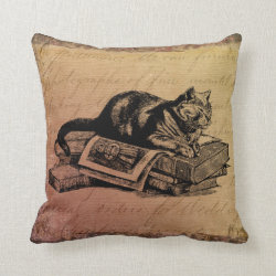 Vintage Cat Collage Cat & Books Grunge Background Throw Pillow