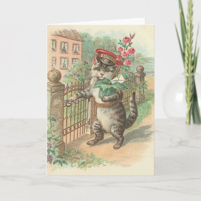Vintage Cat Delivering Flowers Note Card (Front)