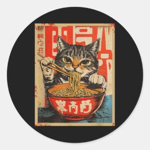 Vintage Cat Eating Ramen Noodles Japanese Art Classic Round Sticker
