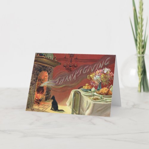 Vintage Cat Fireplace Turkey Dinner Thanksgiving Holiday Card