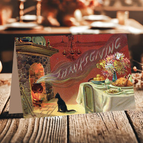 Vintage Cat Fireplace Turkey Dinner Thanksgiving Holiday Card