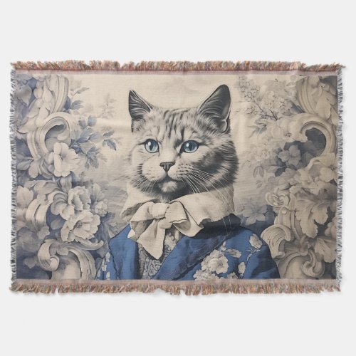 Vintage Cat Gentleman Toile de Jouy Chaton Noble Throw Blanket