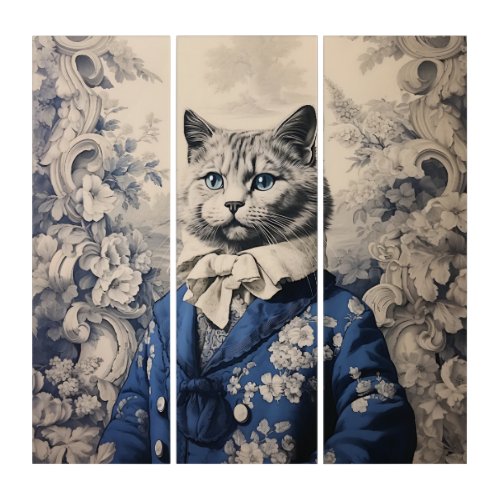 Vintage Cat Gentleman Toile de Jouy Chaton Noble Triptych