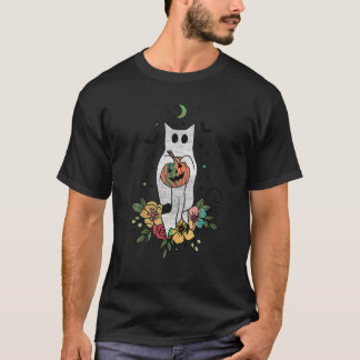 Vintage Cat Ghost Halloween Floral Groovy Pumpkin T-Shirt