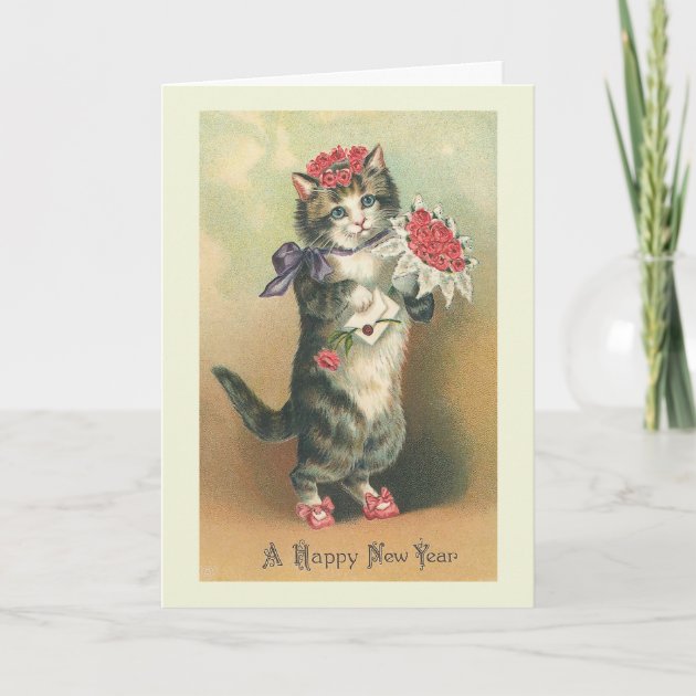 "Vintage Cat Happy New Year" Greeting Card