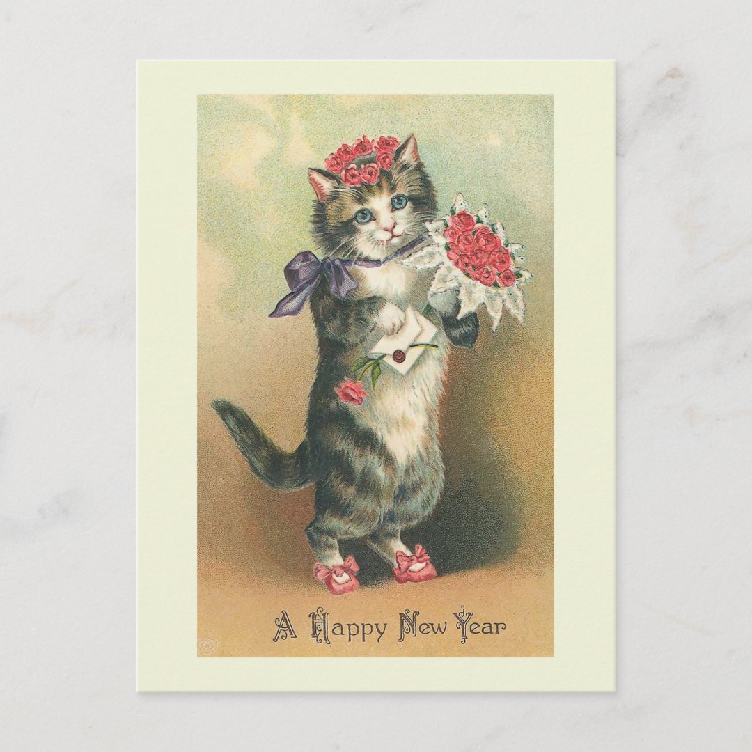 "Vintage Cat Happy New Year" Postcard | Zazzle