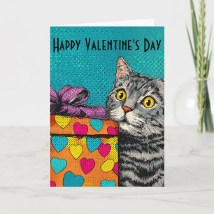 Vintage Cat & Heart Gift Box Valentine's Day Card