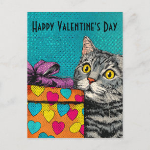 Vintage Cat & Heart Gift Box Valentine's Day Postcard