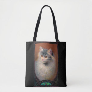 Vintage cat illustration art nouveau elegant pet tote bag