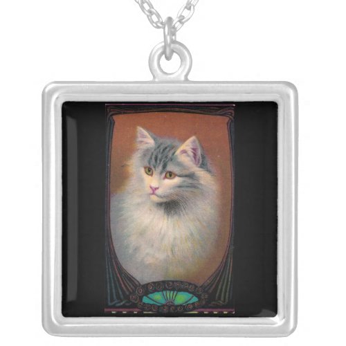Vintage cat illustration art nouveau elegant silver plated necklace
