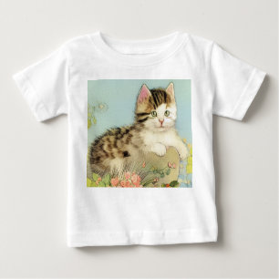 Vintage Cat Illustration with Pink Flowers Baby T-Shirt